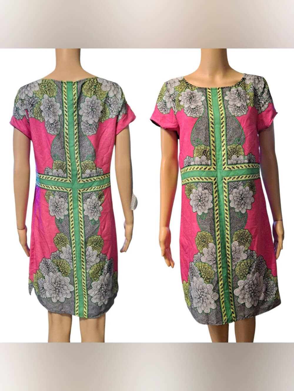 Laundry By Design Pink Floral Print Shift Dress with Green Trim